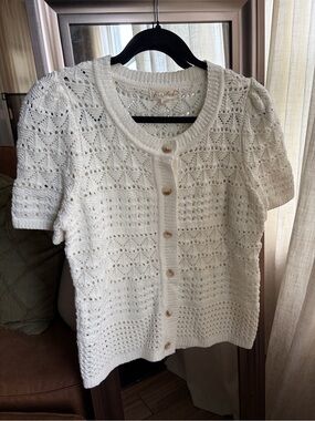 Marled White Crochet Knit Short Sleeve Button Front Cardigan M